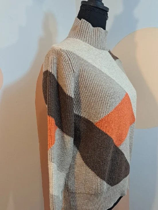 Neutral & Orange Geometric Mock Neck Sweater - Picture 2 of 4